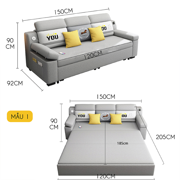 Sofa giường, Sofa Cao Cấp Vải Lanh mịn có cổng usb rộng 1m5 và 1m8