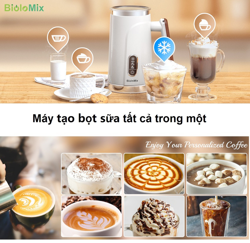 Máy tạo bọt sữa nóng và lạnh 4 trong 1. Thương hiệu Mỹ cao cấp Biolomix - BMF101. Hàng nhập khẩu