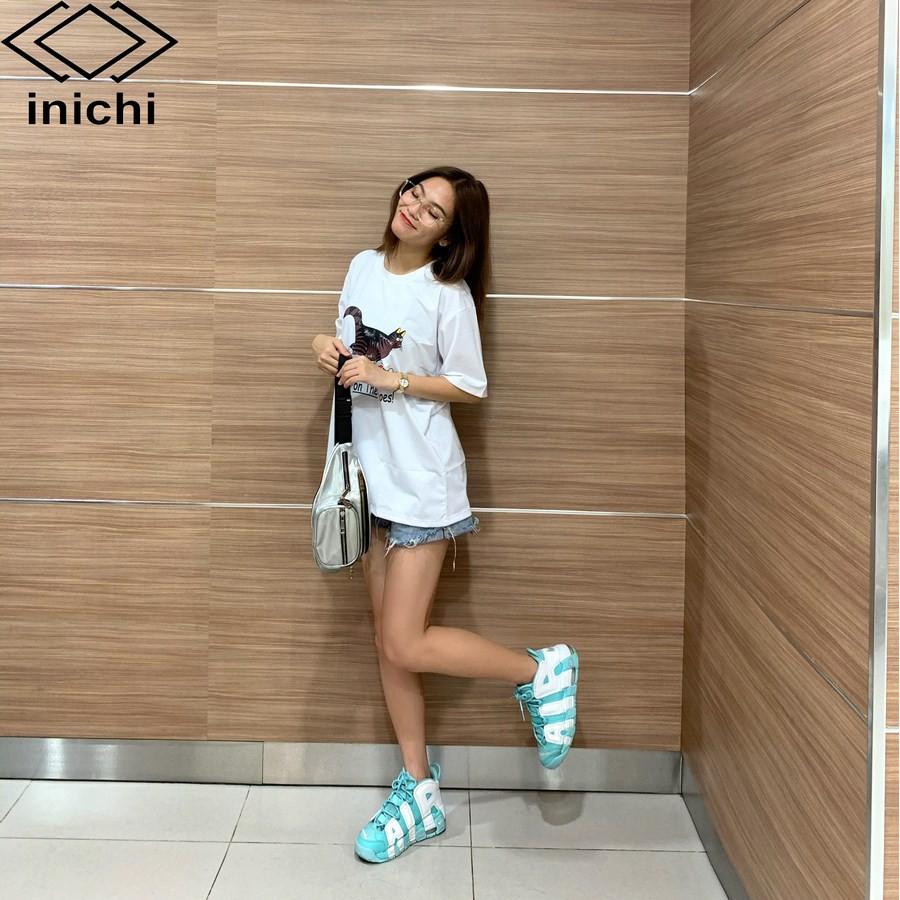 Áo thun unisex tay lỡ form rộng phong cách trẻ áo INICHI in hình chú mèo ngố mang giày - A651 màu trắng