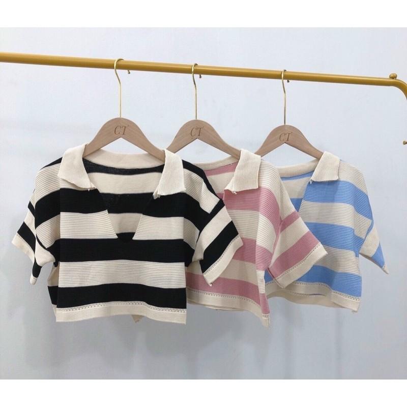 Áo len mongtoghi croptop kẻ ngang cổ đức xẻ V