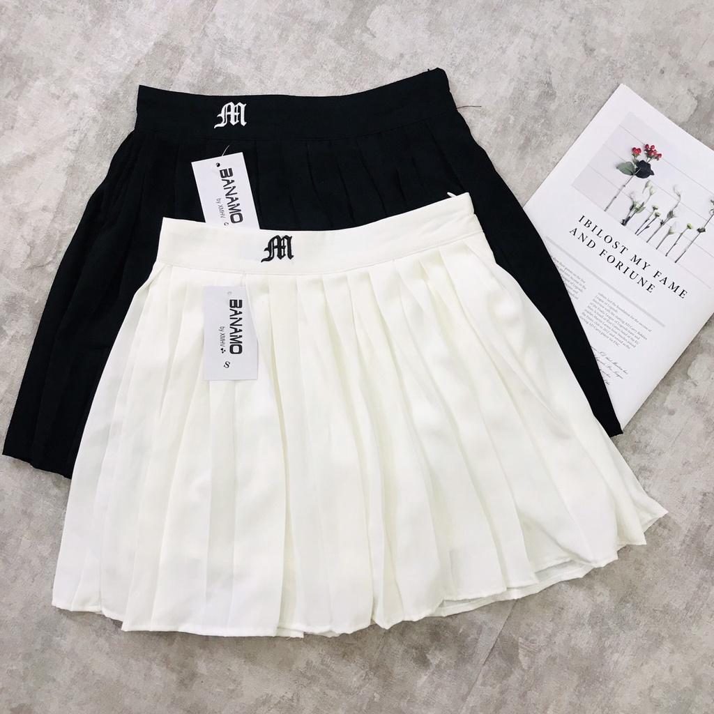 Chân Váy Nữ Ngắn Xếp Ly Kiểu Tennis năng động, Váy ngắn màu trắng đen trơn phong cách Âu Mỹ thêu chữ M