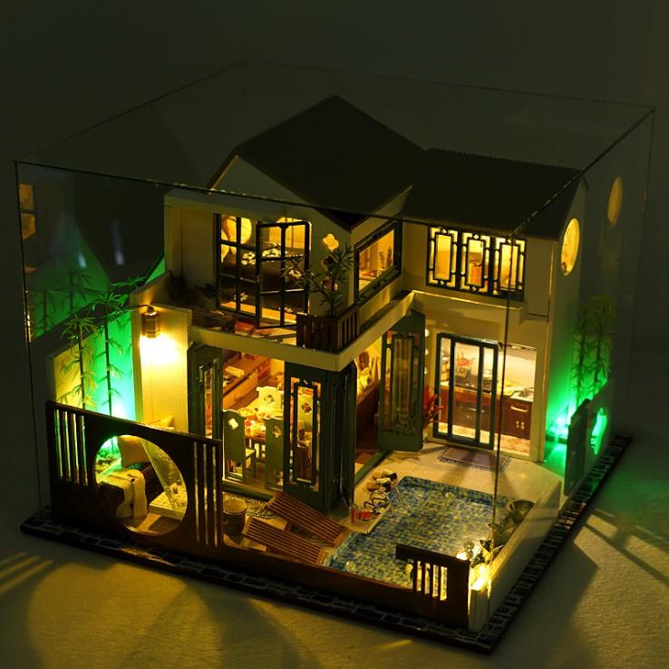 Mô hình nhà DIY Doll House Chinese Happy Restaurant Kèm Hộp nhạc và Mica Chống bụi