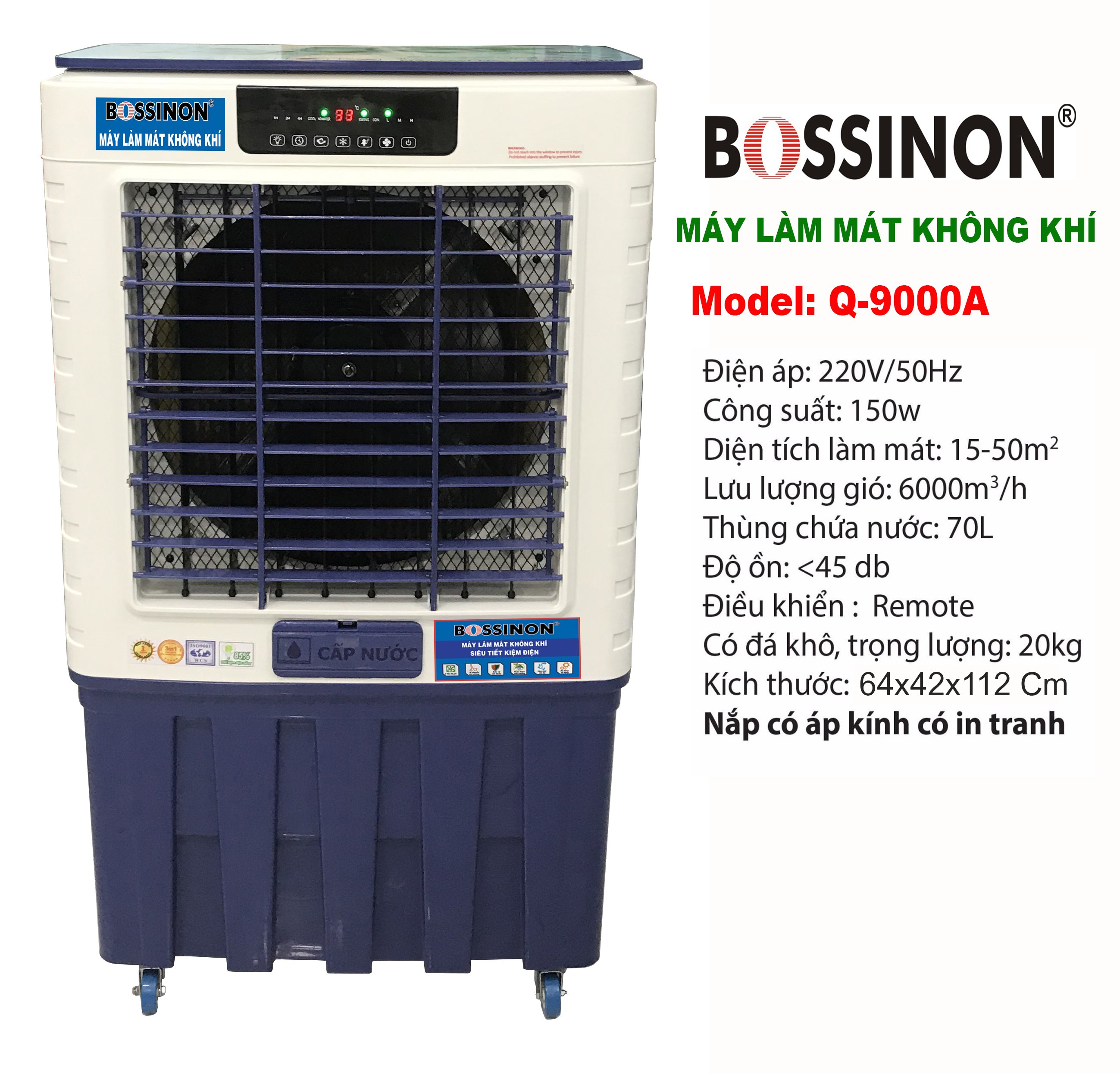 Quạt làm mát không khí, quạt điều hòa, quạt hơi nước Bossinon Q-9000A - Hàng Chính Hãng