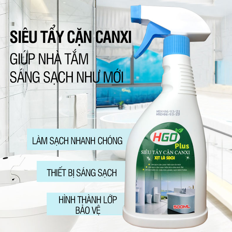 Tẩy cặn canxi nhà tắm HGO PLUS làm sạch vách kính, vòi sen inox 304, bồn sứ, gạch men, lavabo tiện lợi hiệu quả 500ml