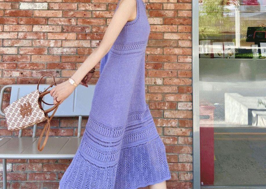 TOBE1SHOP Màu tím rỗng tay áo dệt kim đầm đám đông nhỏ thiết kế cảm giác Pháp khí chất treo Vest dài