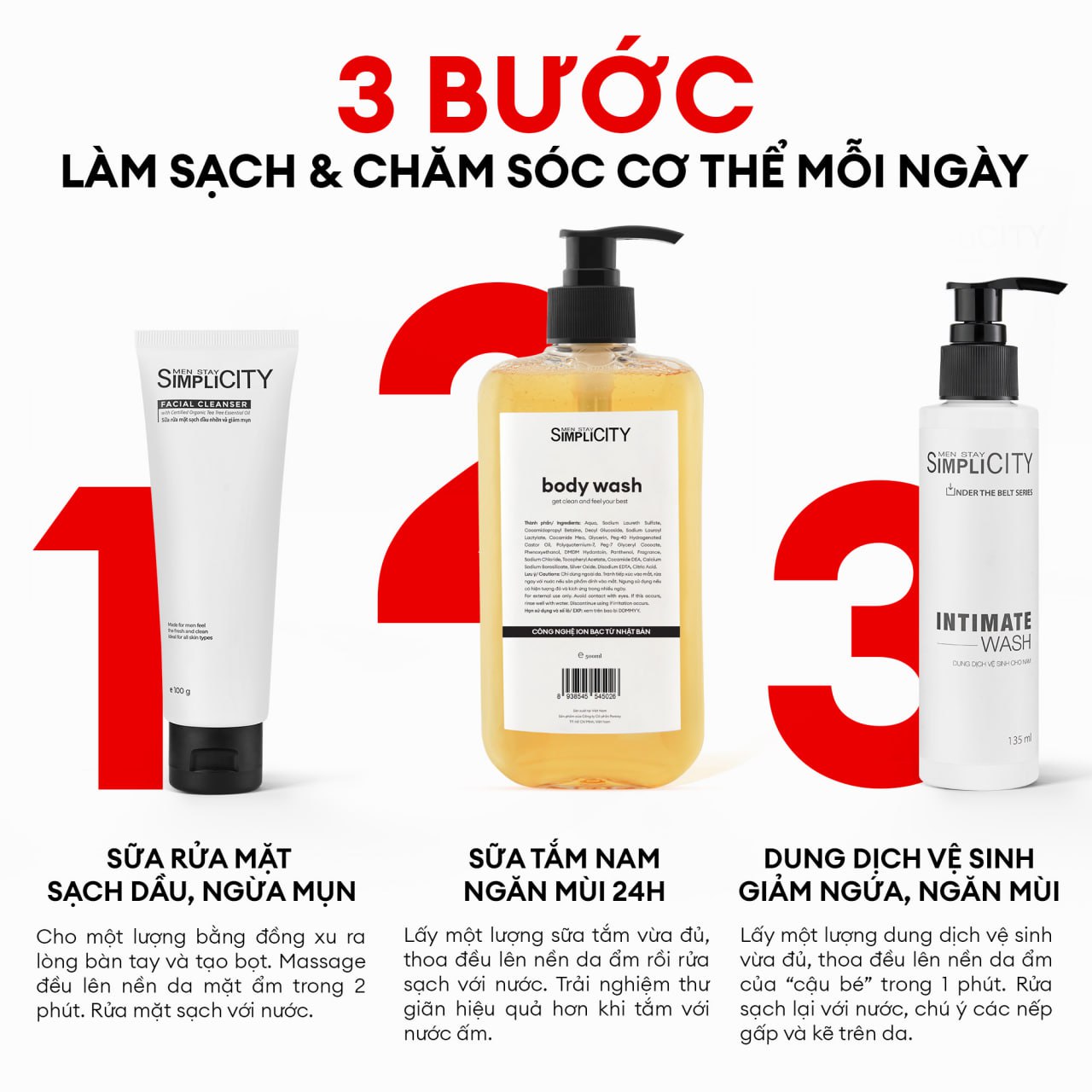 Sữa tắm nam Men Stay Simplicity tinh dầu organic dưỡng ẩm và ngăn mùi 24h tự tin dẫn đầu Body wash for Prime 500ml