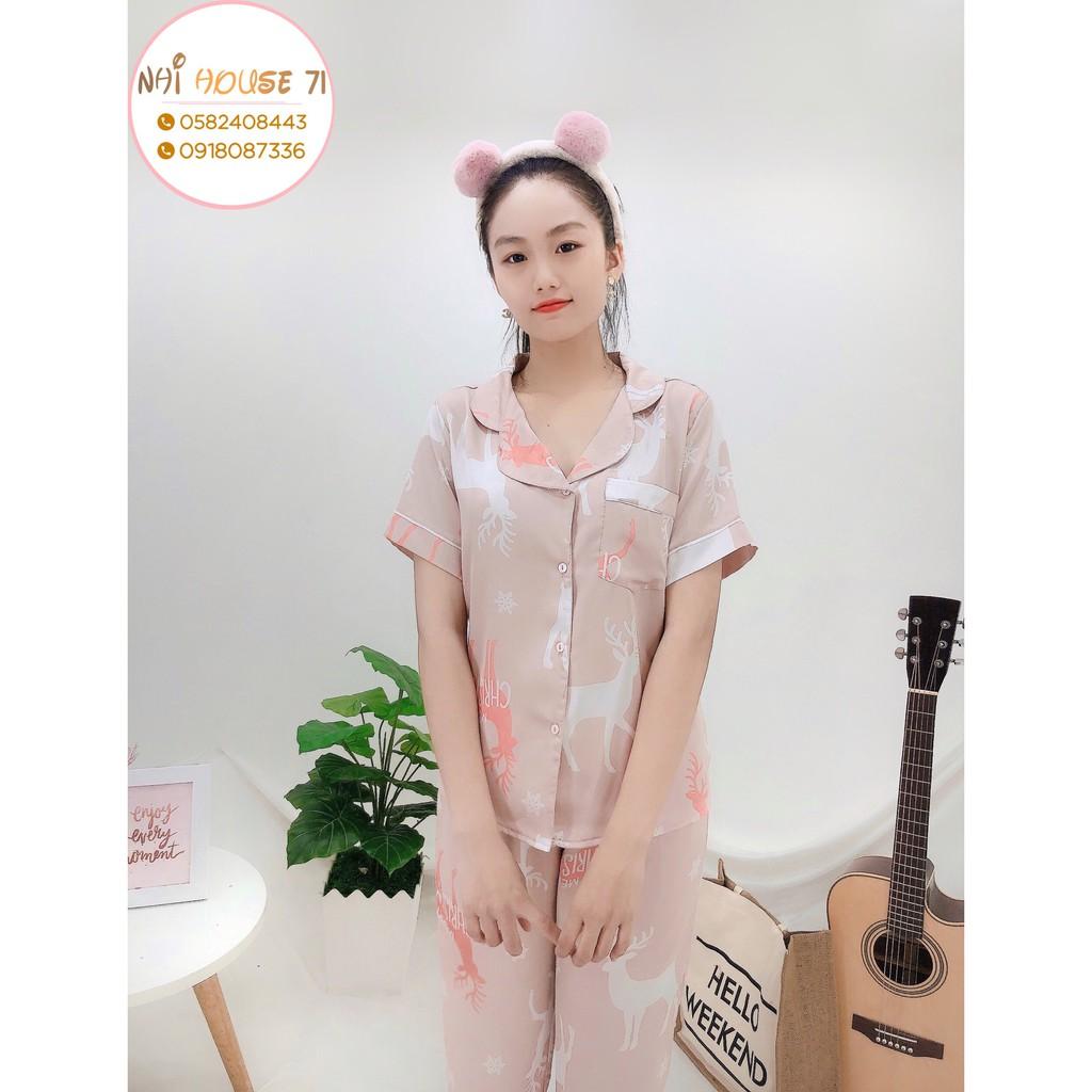 Bộ lụa Pijama NHIHOUSE71 Bộ Quần Dài Tay Ngăn Lụa Satin In Chú Tuần Lộc Noel Dễ Thương