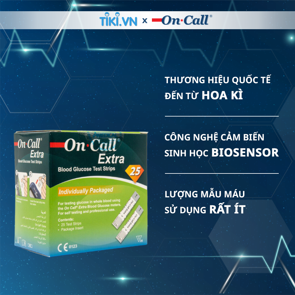 Hộp 25 Que Thử Đường Huyết On Call Extra Mỗi Que Trong Một Túi Nhôm Riêng