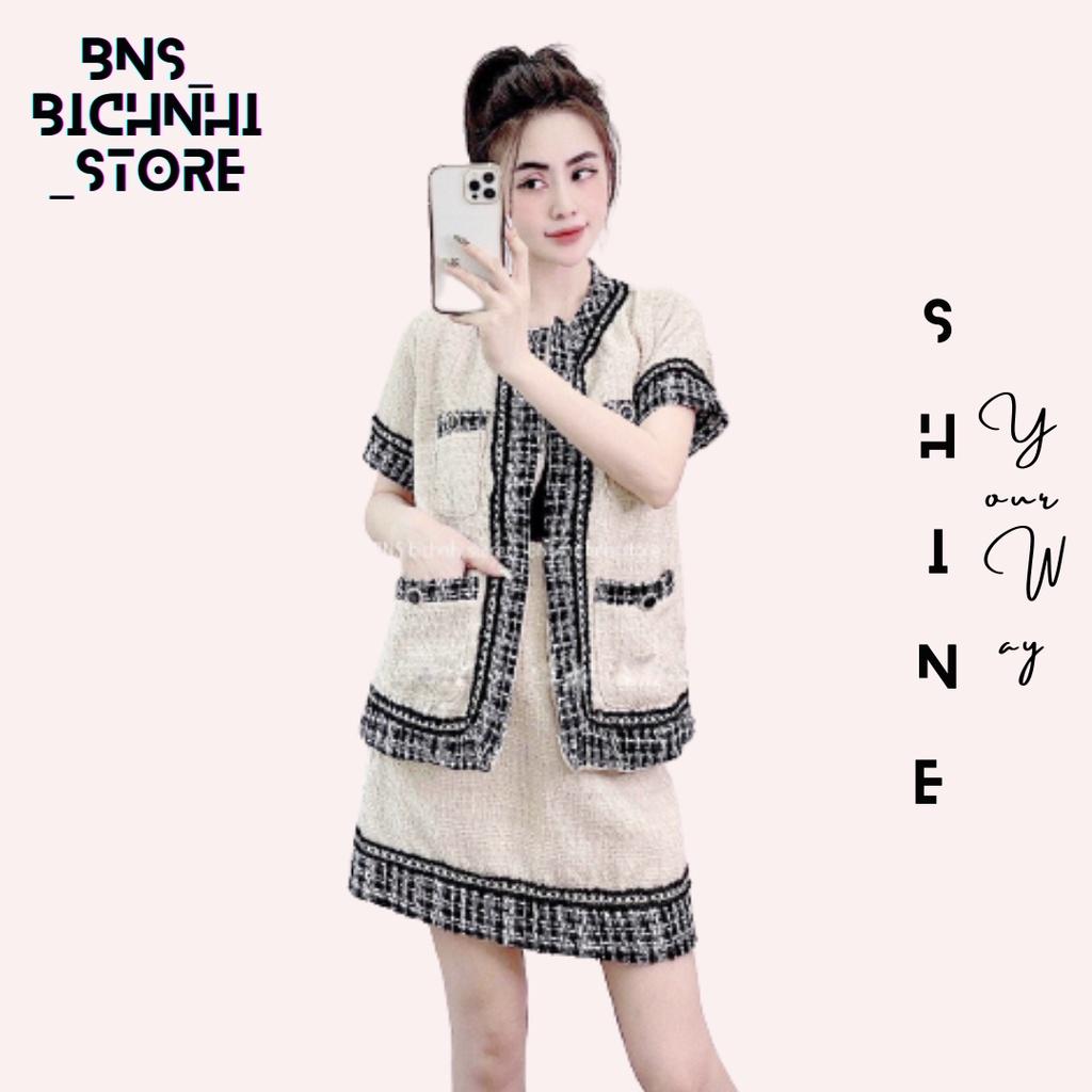 SET DẠ ÁO KHOÁC CÓ TÚI &amp; CHÂN VÁY - Open Front Flap Detail Tweed Jacket &amp; Skirt Set - BY BNS AGNES SET BNS005