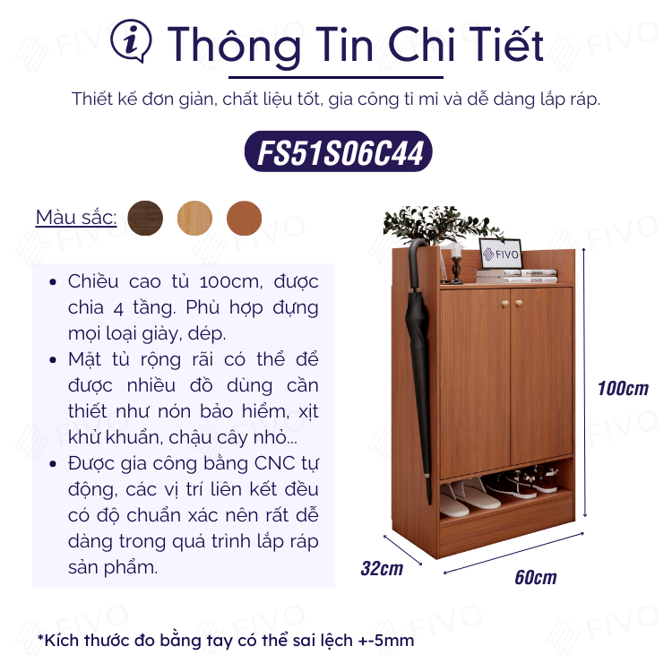 Tủ Giày Gỗ MDF Lõi Xanh Chống Ẩm Dày 17mm 4 Tầng FIVO FS51 Có Cửa, Ngăn Chứa Rộng Rãi, Đựng Được Mọi Loại Giày Dép - Ngang 60cm