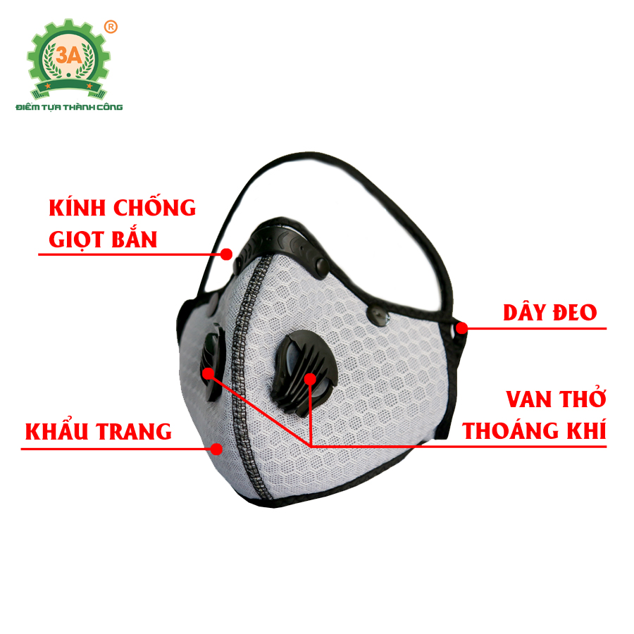 Khẩu trang ninja có kính 3A - Khẩu trang có kính che mắt, với 5 lớp lọc bụi, có lớp than hoạt tính, van thở thoáng khí