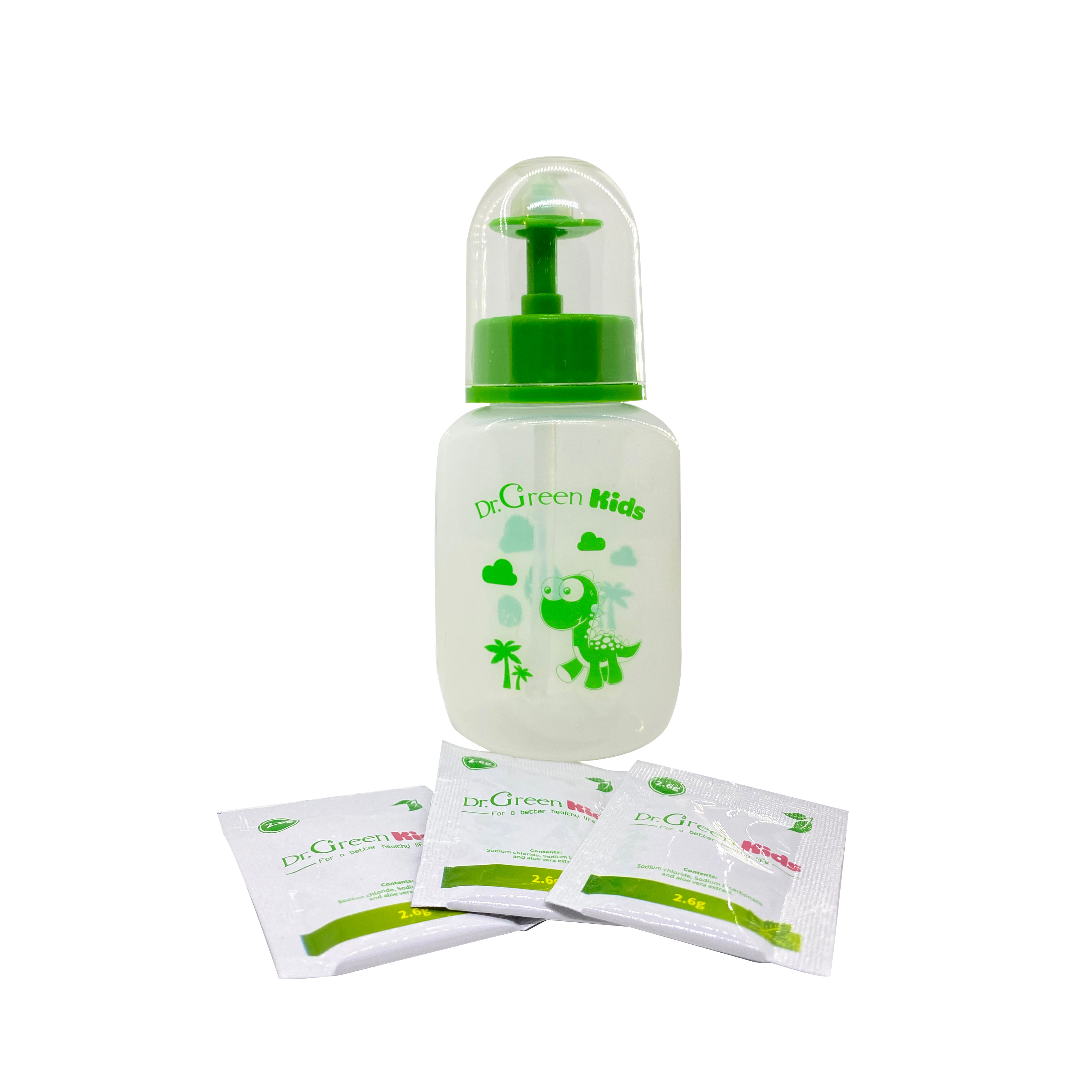 Bình rửa mũi cho trẻ Dr.Green Kids, kèm 30 gói muối rửa mũi, dung tích 180ml, đầu rửa silicon mềm mại, phù hợp rửa mũi với trẻ em