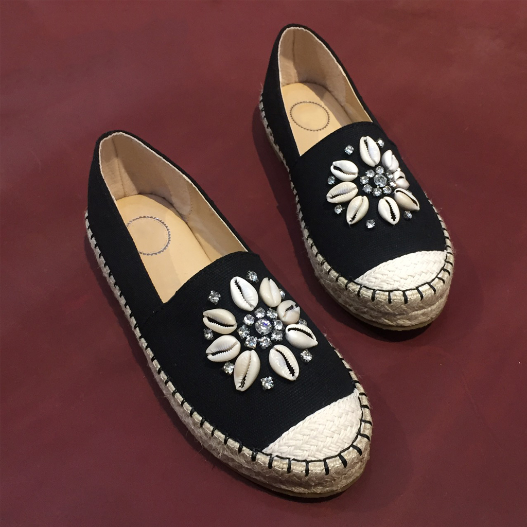 Giày Slip On nữ Thái Lan viền đế cói phiên bản Diamond Snail, chất liệu vải Canvas mềm êm chân (dành cho bàn chân dày mũm mĩm)