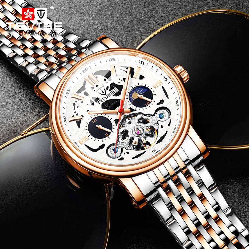 Đồng hồ cơ tự động TEVISE Men Dây đeo bằng thép không gỉ Hiển thị thời gian và pha mặt trăng Thiết kế phát sáng Chống thấm nước 3ATM