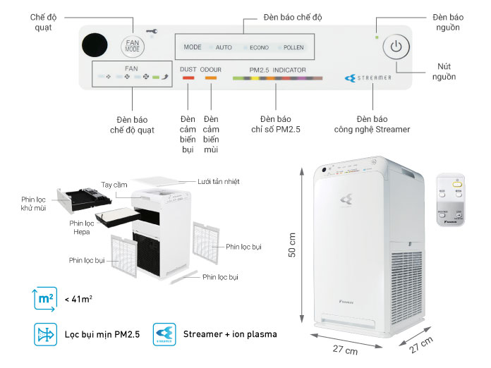Máy lọc không khí cao cấp DAIKIN MC55UVM6 Công Nghệ Lọc Kép Dành cho Phòng Có Diện Tích 41 m2 - Hàng Chính Hãng