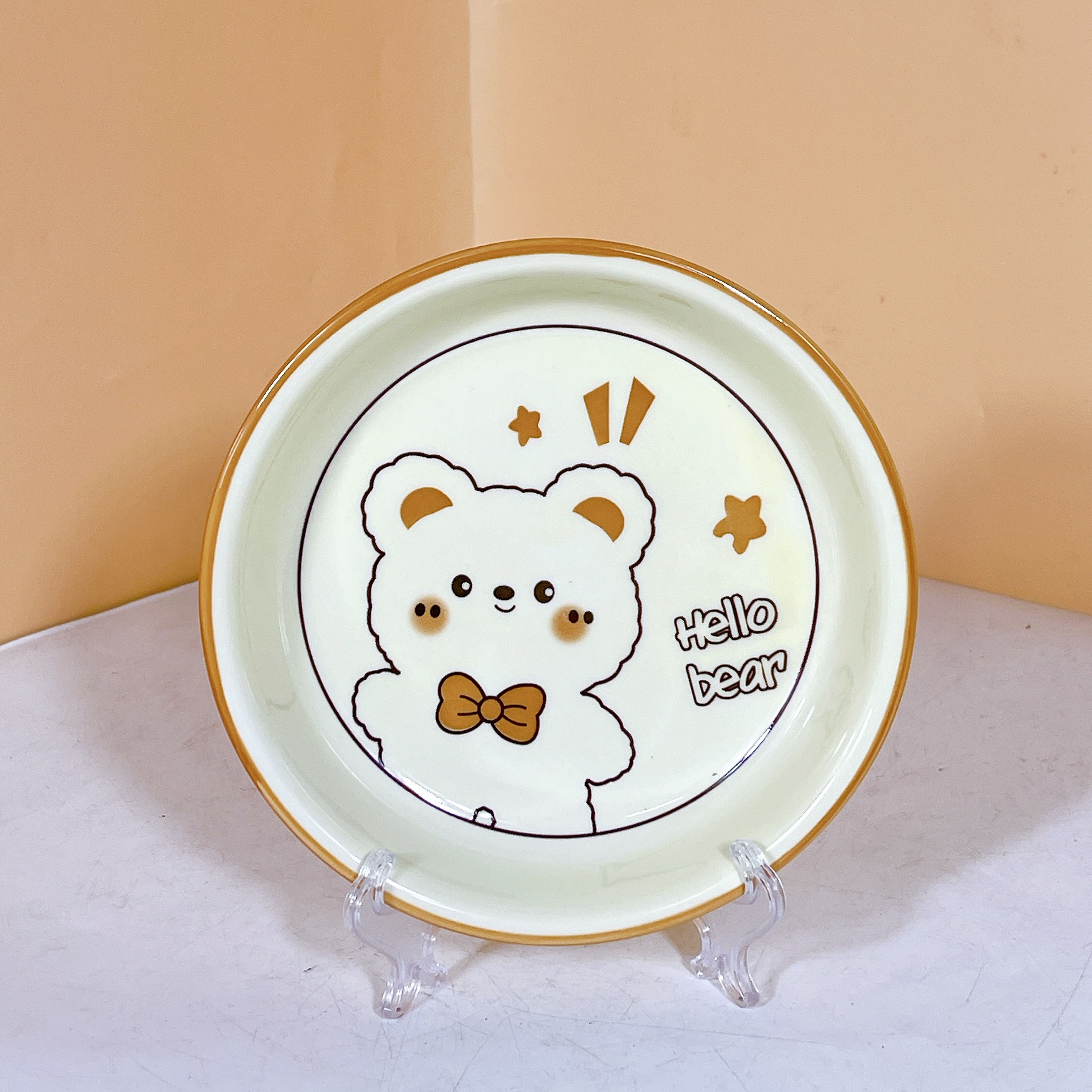 Bộ Bát Đĩa Gốm Sứ Cao Cấp Gosu Hình Gấu Cam Trắng Đáng Yêu