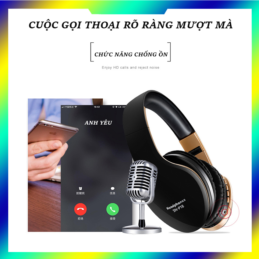 tai Nghe ko dây bluetooth chụp tai CAO CẤP SNP18 có micro trò chuyện,âm thanh nổi sử dụng 10h sạc 2h