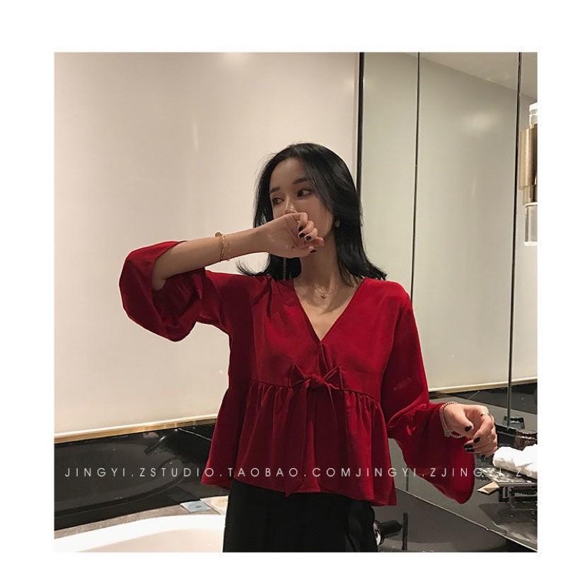 Áo babydoll croptop thắt nơ ngực màu đỏ đô