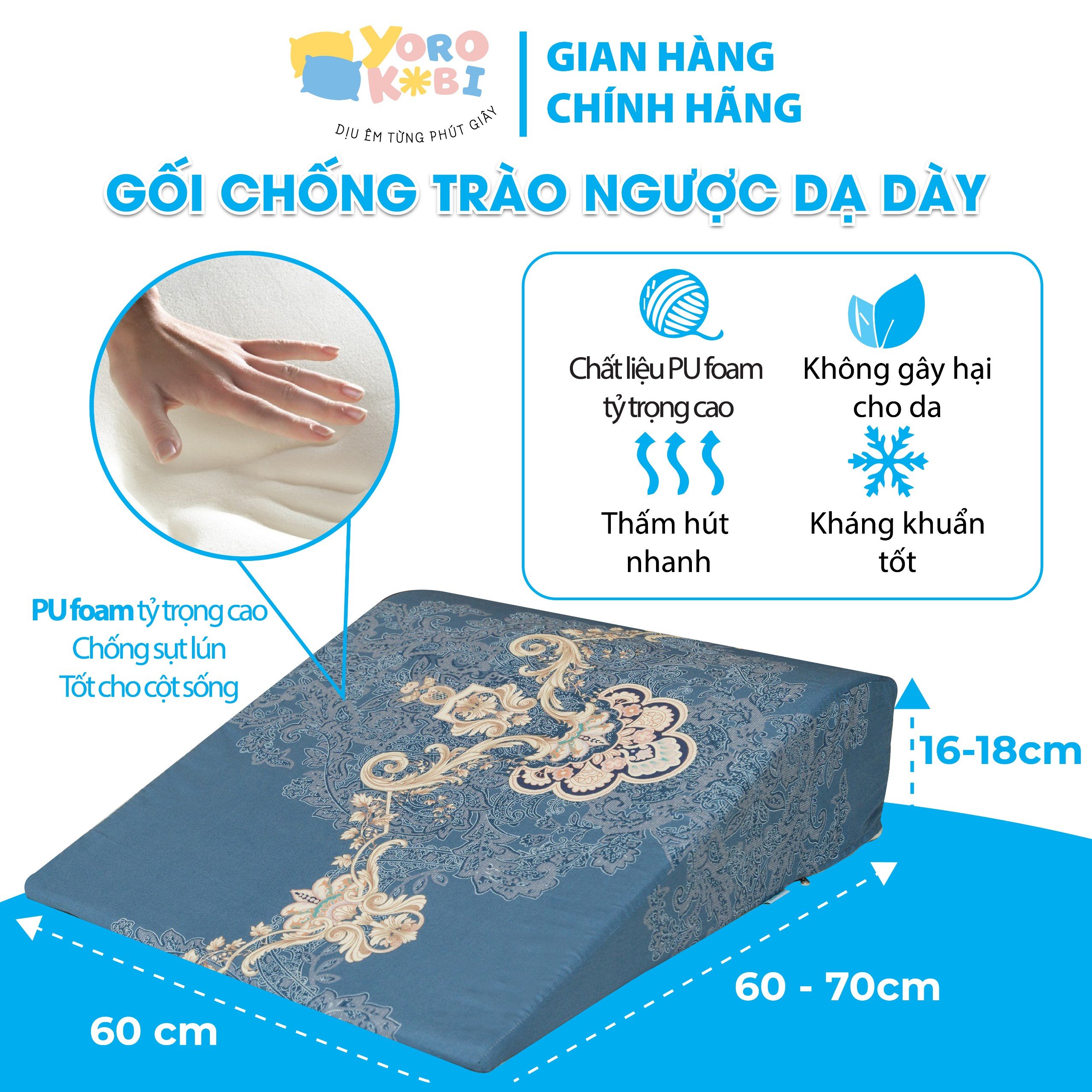 GỐI CHỐNG TRÀO NGƯỢC DẠ DÀY NGƯỚI LỚN YOROKOBI CẢI TIẾN CHỐNG TRƠN TRƯỢT, GIẢM CHỨNG KHÓ THỞ KHI NGỦ TẠO GIẤC NGỦ SÂU.