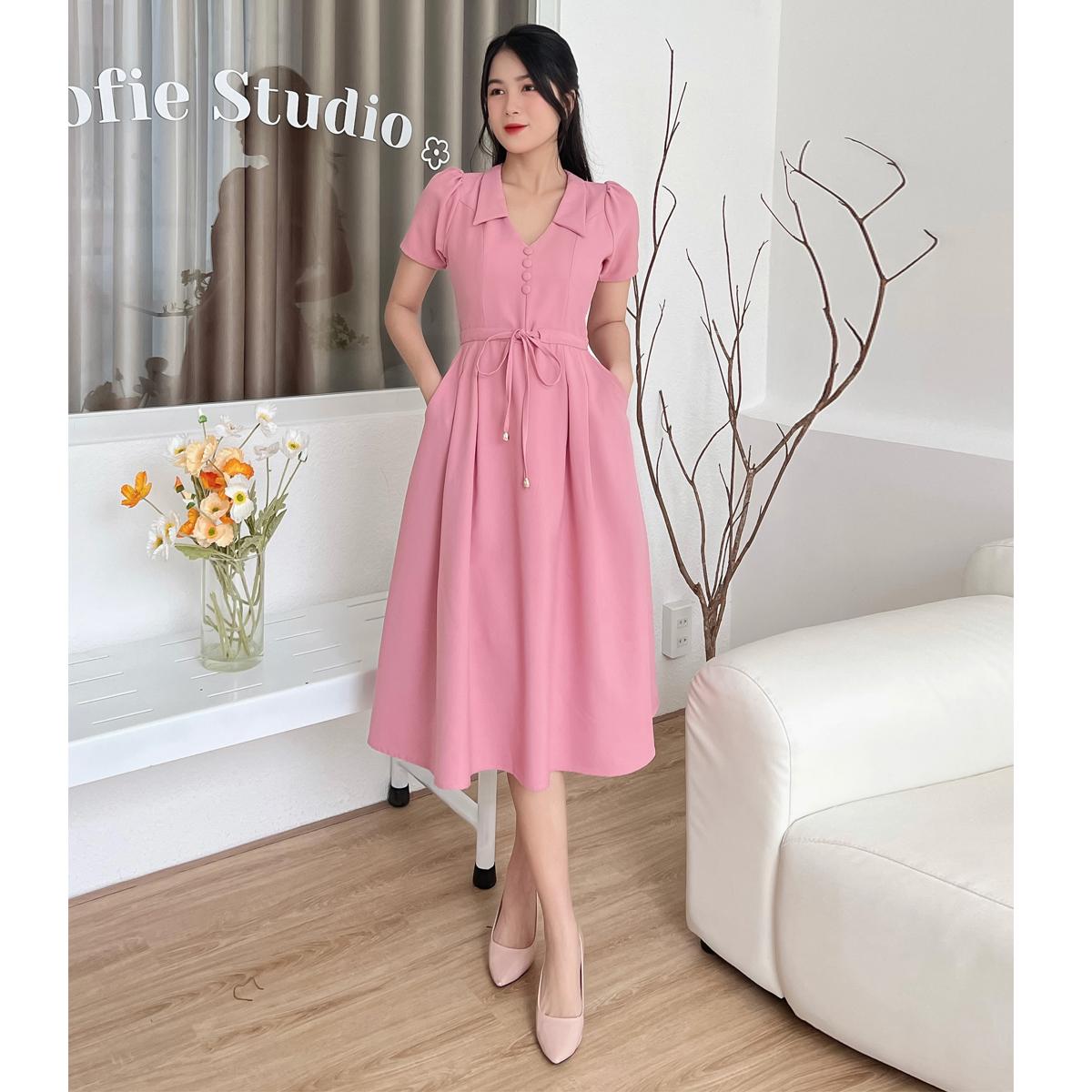 Đầm cổ bẻ xếp li phá cách D099 - Lady Fashion