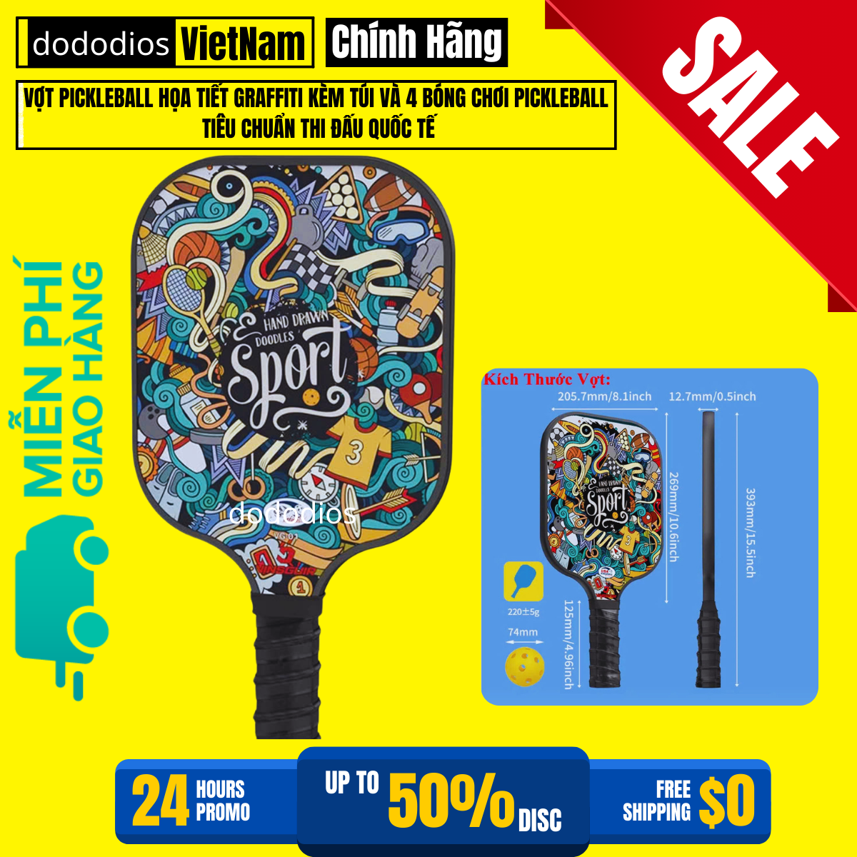 1 Chiếc Vợt Pickleball Họa Tiết Graffiti Pickleball Tiêu Chuẩn Thi Đấu Quốc Tế - Chính Hãng dododios - Graffiti