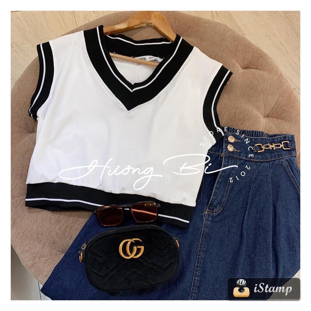 Sét áo ba lỗ phối viền kèm chân váy bò cá tính - áo thun tàu xịn mát Chân váy jean co giãn mềm đẹp - đai khuy xịn xò