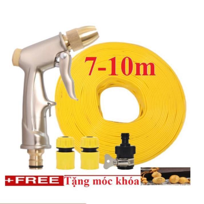 Bộ dây vòi xịt nước rửa xe, tưới cây . tăng áp 3 lần, loại 7m, 10m 206701-1 đầu đồng,cút,nối đen+ tặng móc khoá