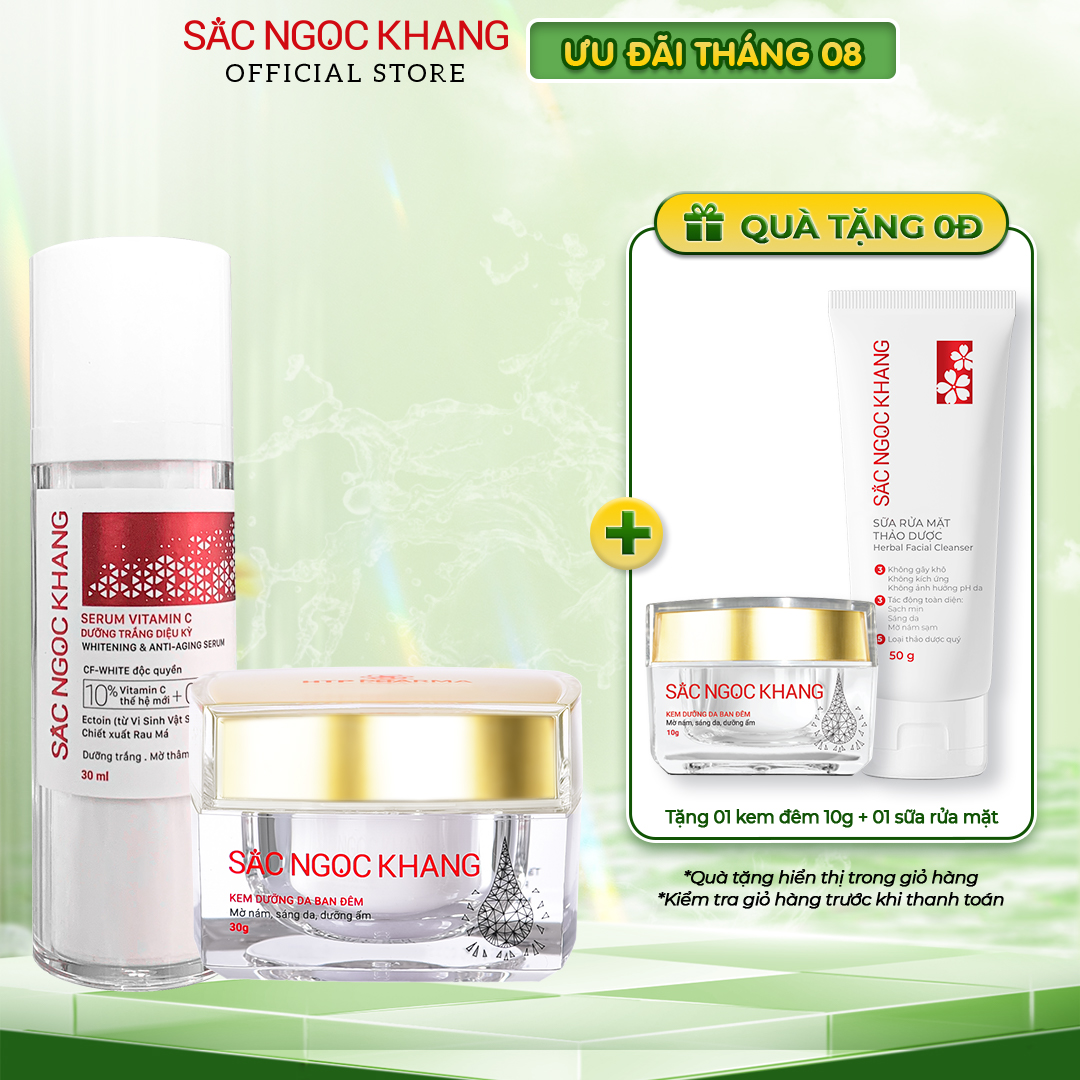 Bộ đôi cấp ẩm, dưỡng trắng da Sắc Ngọc Khang: Serum C dưỡng trắng 30ml + Kem dưỡng da ban đêm 30g