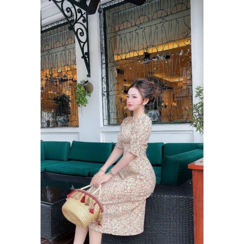 Váy đầm thiết kế hoa nhí tiểu thư cổ vuông tay bồng ulzzang