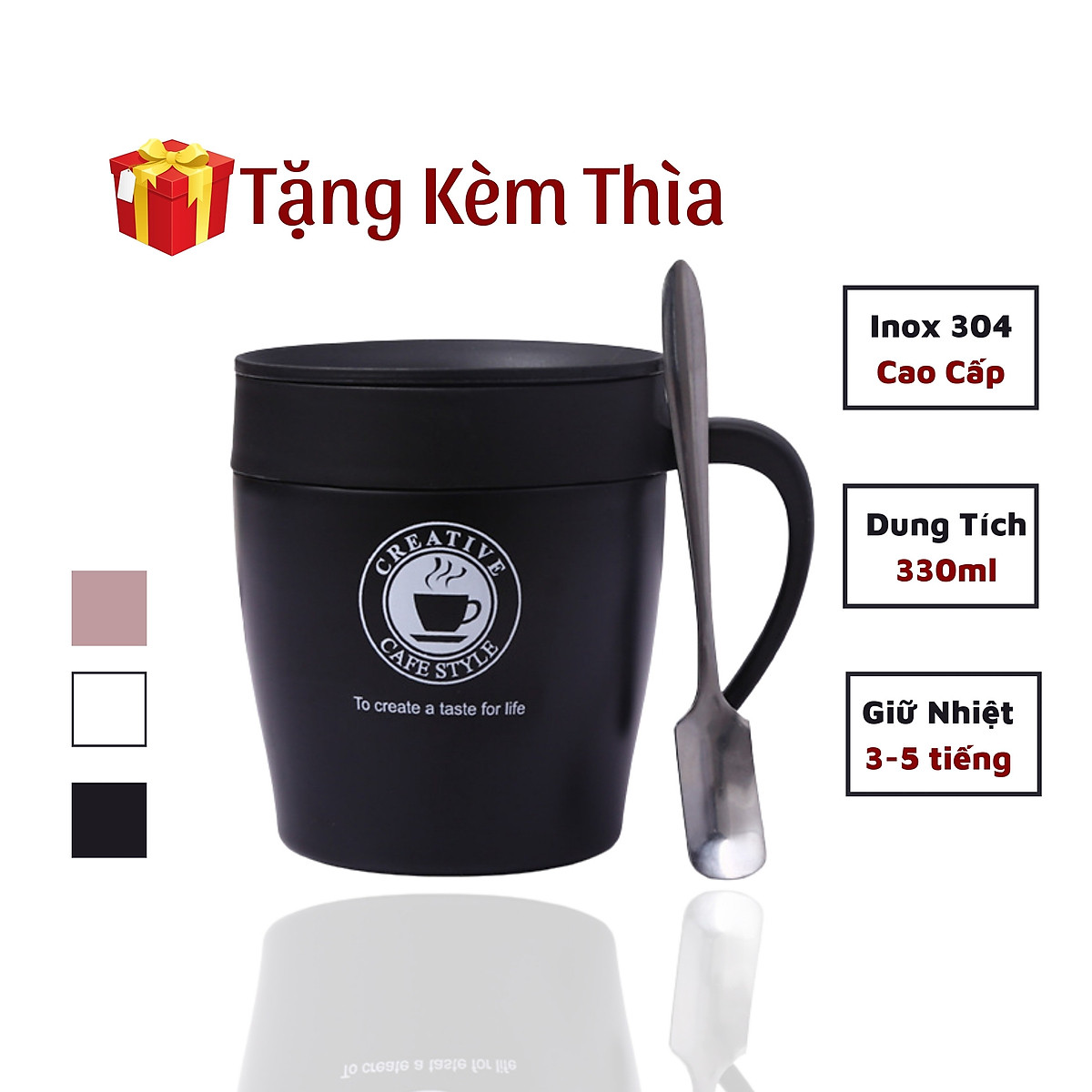 Cốc Cafe Giữ Nhiệt 330Ml Chất Liệu Inox 304 Nhỏ Gọn Có Tay Cầm Sang Trọng Kèm Thìa - Màu Đen
