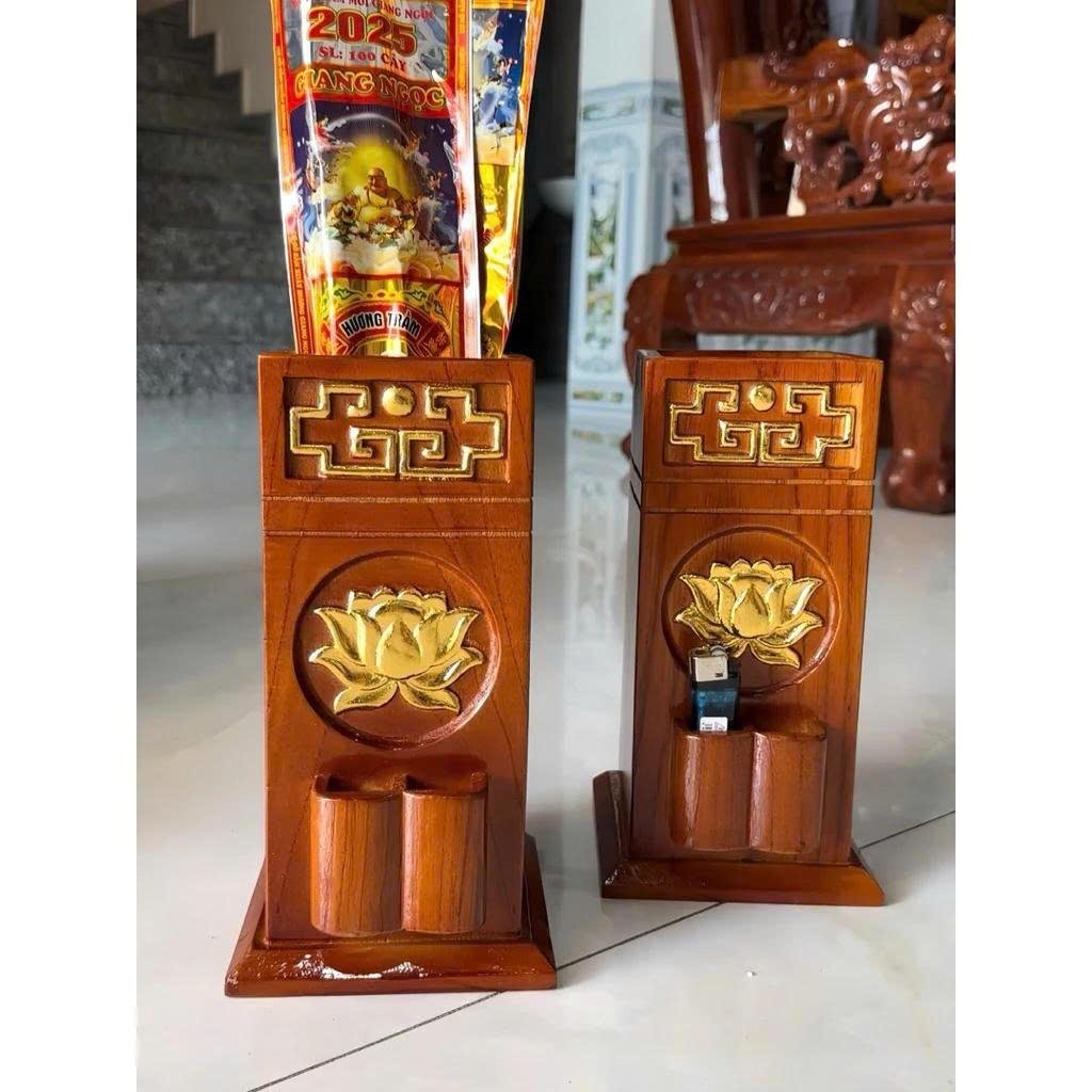 Ống đựng nhang bằng gỗ Hoa Sen Dát Vàng có khe để hộp quẹt bật lửa siêu tiện lợi