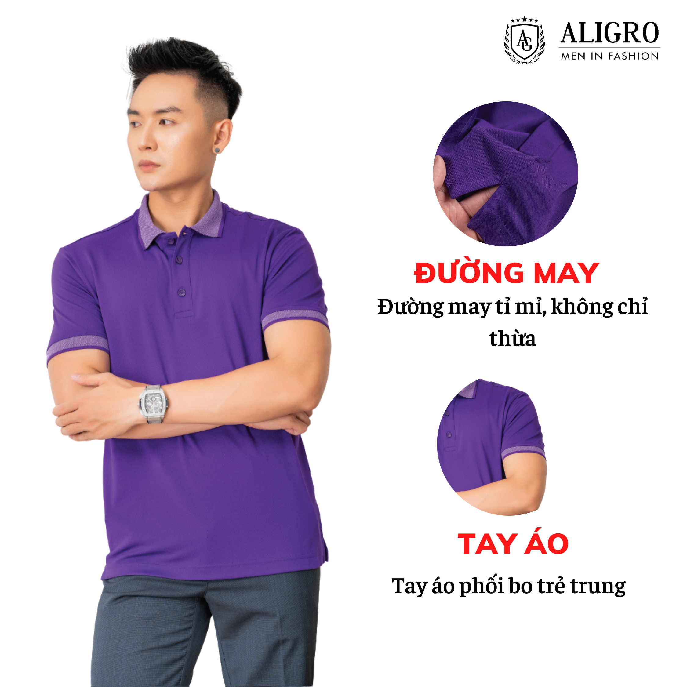 Áo polo, áo phông, áo thun cổ bẻ nam màu tím Aligro chất liệu cotton, không xù, không bám dính, tôn dáng ALGPLO27