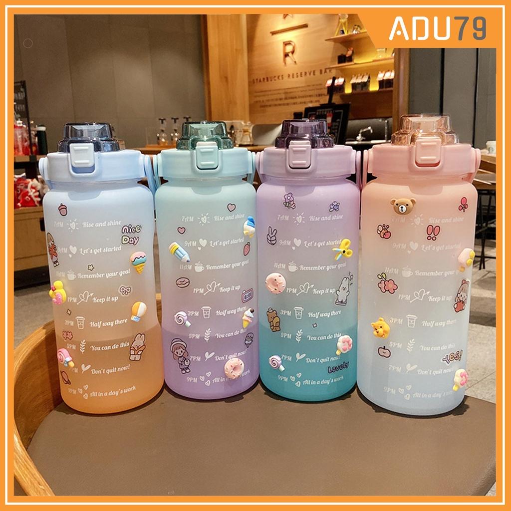 BÌNH NƯỚC 2 LÍT Có Ống Hút, Chia Vạch Báo Giờ Uống Nước Dễ Thương Cute Thể Thao - Tặng Kèm Sticker Dán