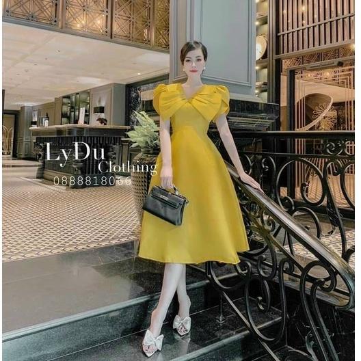 Váy đầm nữ dạ hội tiểu thư dáng xòe cổ bản to tay phồng