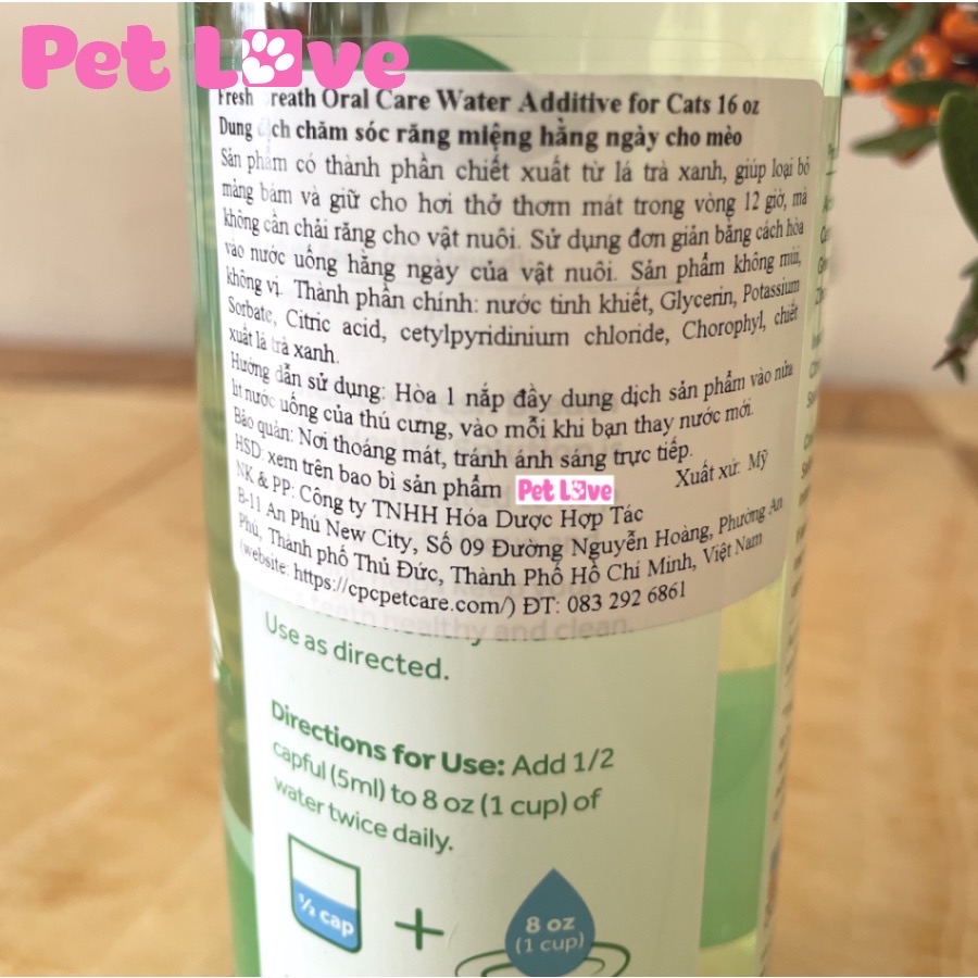 Nước vệ sinh răng miệng mèo, giảm mảng bám, cao răng (Tropiclean, Mỹ, 473ml)