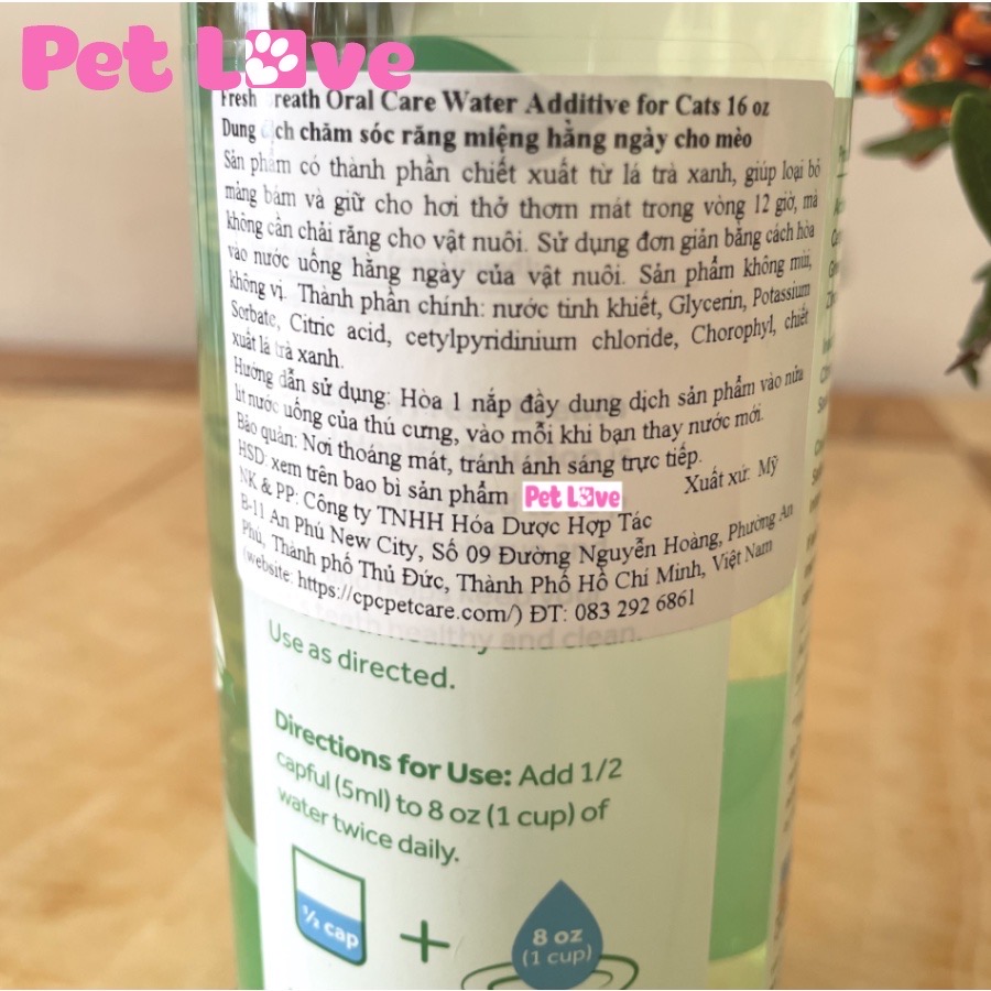 Nước vệ sinh răng miệng mèo, giảm mảng bám, cao răng (Tropiclean, Mỹ, 473ml)