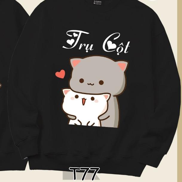 Áo Sweater cặp đôi Mèo mochii nóc nhà, cột nhà dễ thương Mr.Buffalo - T77 - Trắng