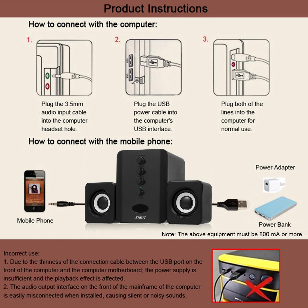 Bộ loa Bluetooth có dây USB SADA D-202 siêu trầm cho máy tính xách tay
