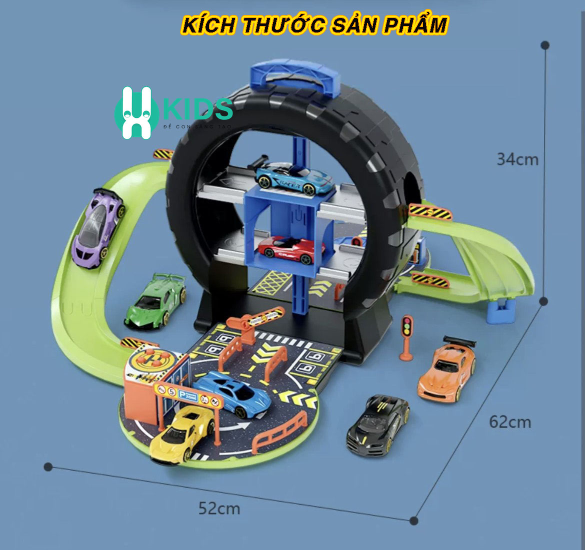 Đồ chơi mô hình lốp xe biến dạng lắp ráp thành gara đỗ xe cỡ lớn có đường đua kèm thang nâng tự điều khiển cho bé