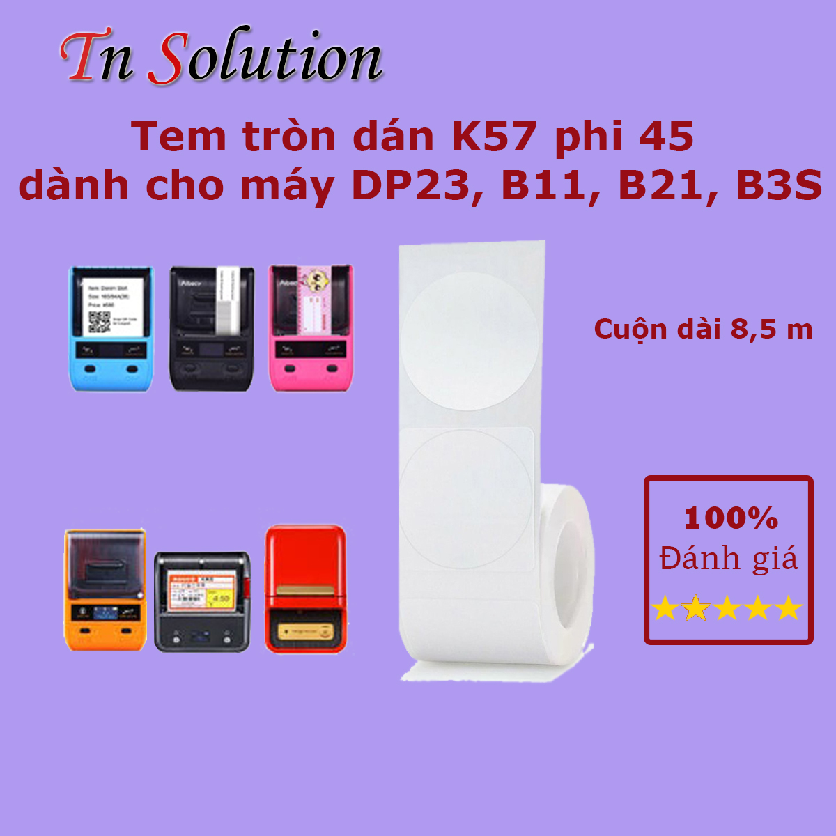 Giấy in nhiệt tem tròn dán dành riêng cho máy DP23 khổ 57 phi 45 (cuộn dài 8m)