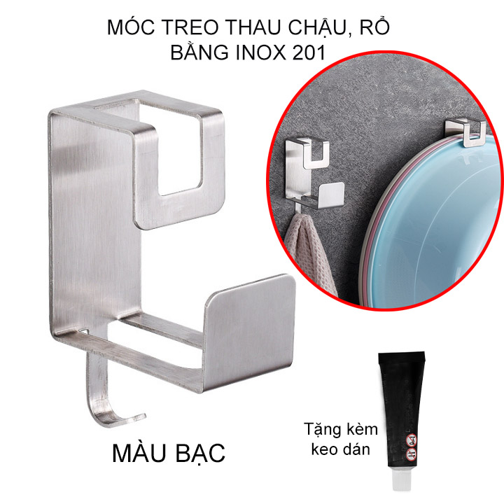 Móc treo chậu thau, rổ giá bằng inox 201, treo đồ gia dụng đa năng nhà bếp, nhà tắm, gắn tường bằng keo