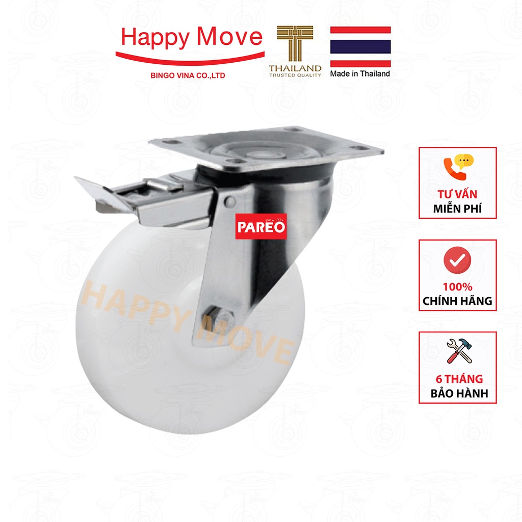 Bánh xe nylon trắng (PA) càng Inox 304 xoay có khóa kép - 80-125mm - Happy Move Thái Lan