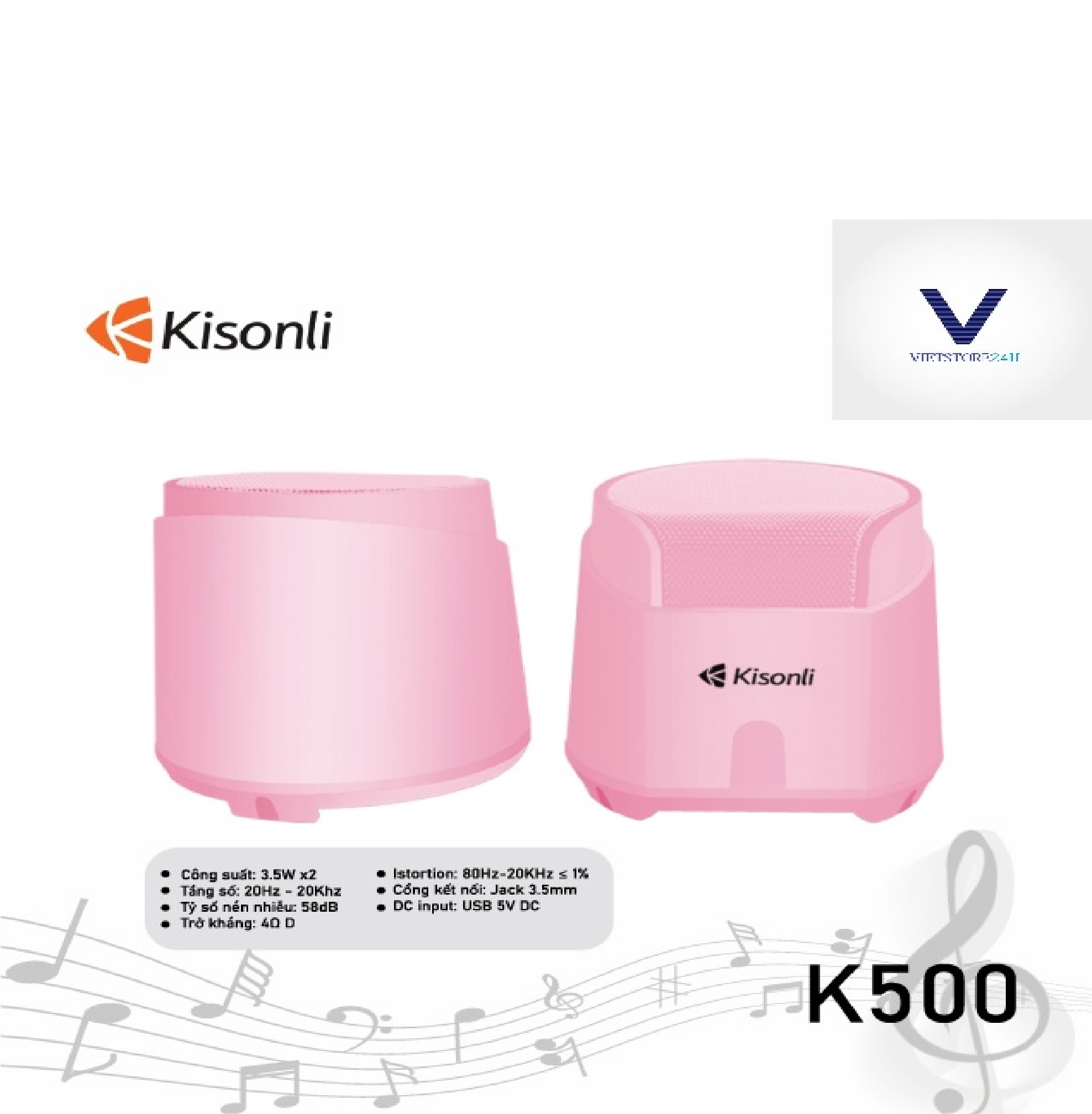 Loa 2.0 Kisonli K500 Pink LED - Hàng chính hãng