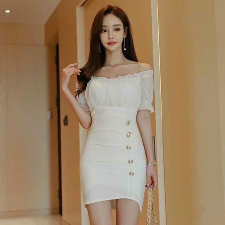 Đầm Thun Ôm Body Trễ Vai Đính Nút – 4490