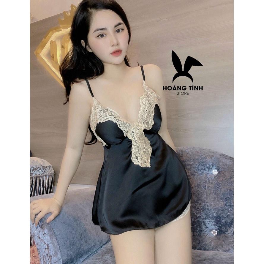 Đồ ngủ sexy đồ ngủ 2 dây phối ren có mút ngực Hoàng Tình Store, chất liệu lụa satin, freesize 40-60kg tùy chiều cao