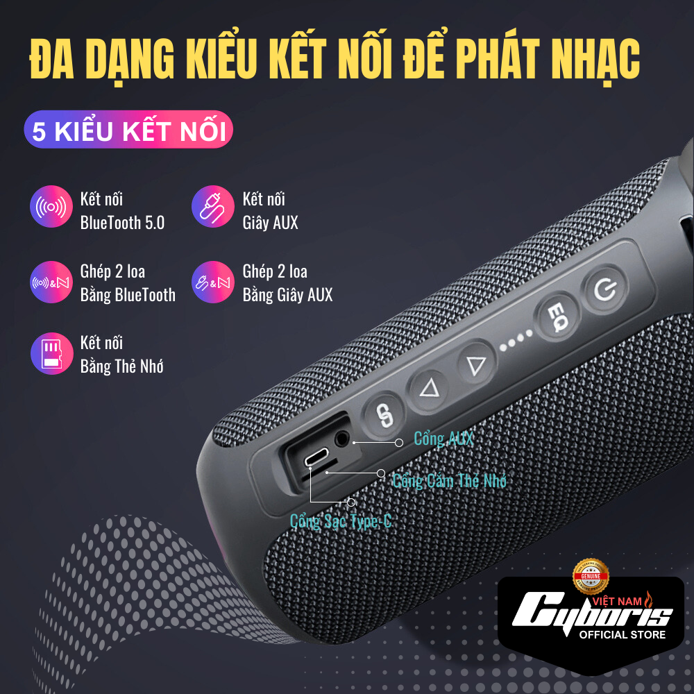 Loa Nghe Nhạc Bluetooth Cyboris S7, Loa siêu Bass, Công suất 40W, Chống nước IPX7, Pin 4000mAh. Hàng chính hãng