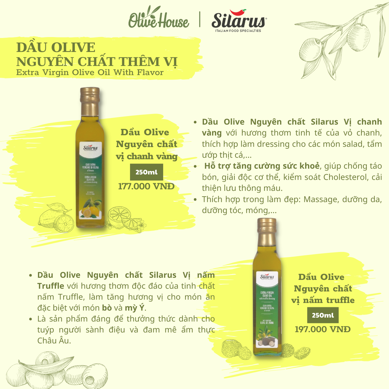 Dầu Olive Nguyên Chất Vị Chanh Silarus 250ml thương hiệu Silarus nhập khẩu từ Ý