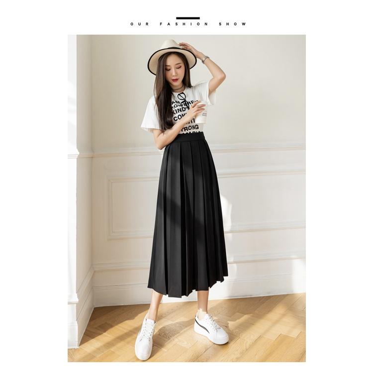 Chân váy Midi dài công sở đi làm xòe dáng dài xếp ly to có BIGSIZE chất tuyết mưa dày dặn màu đen nâu be CV40