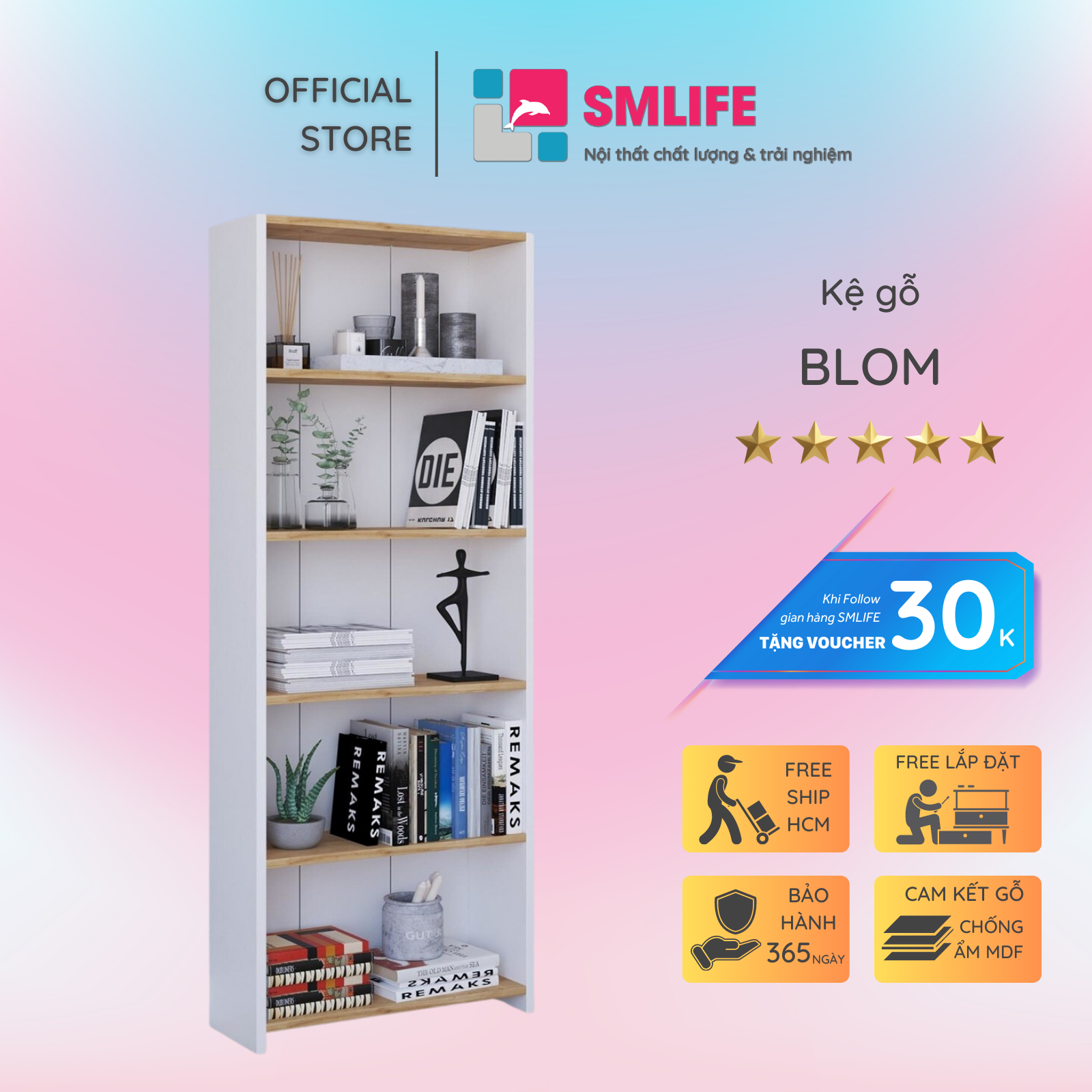 Kệ sách gỗ MDF gia đình thiết kế tiện dụng SMLIFE Blom