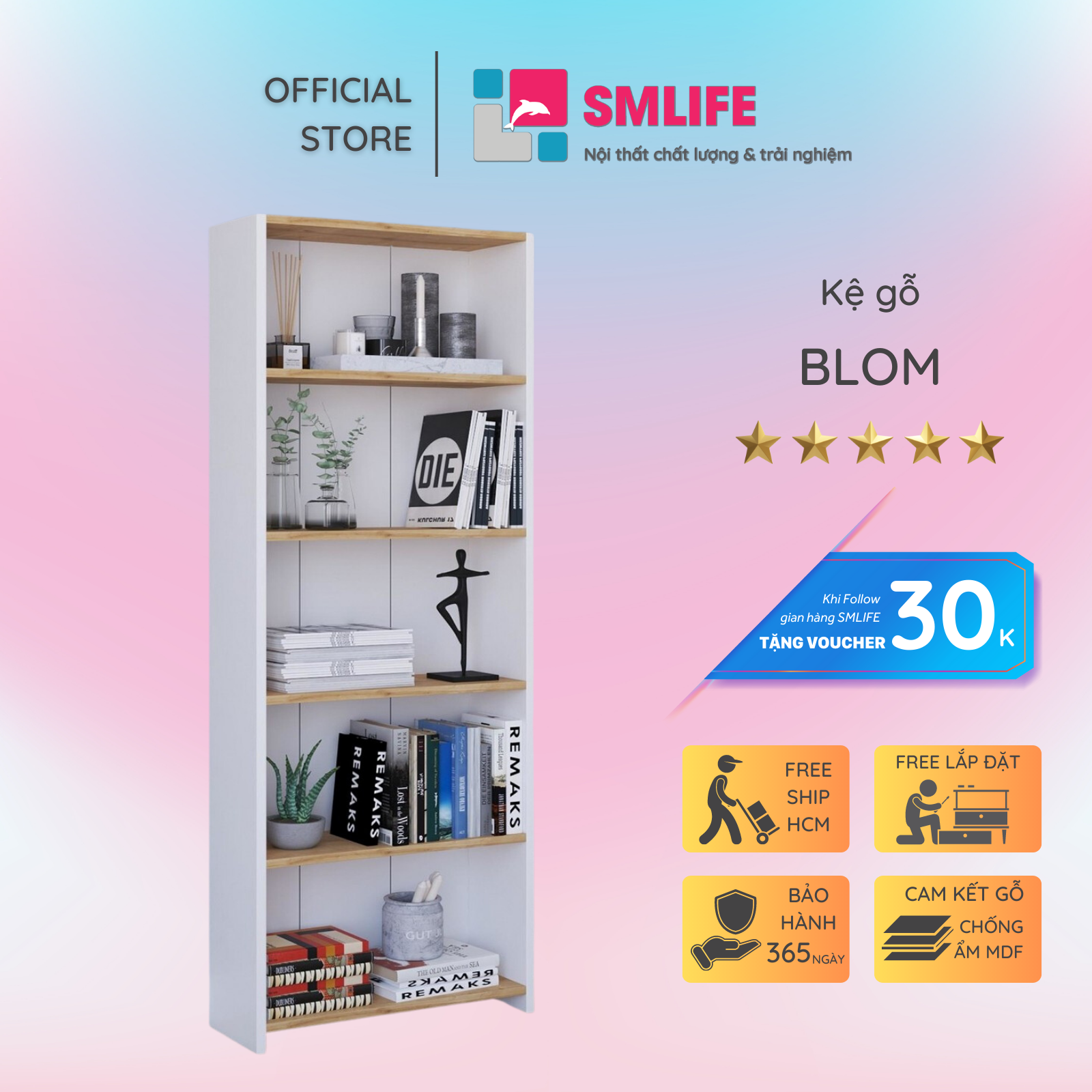 Kệ sách, kệ trang trí gỗ hiện đại SMLIFE Blom  | Gỗ MDF dày 17mm chống ẩm | D65xR22xC170cm